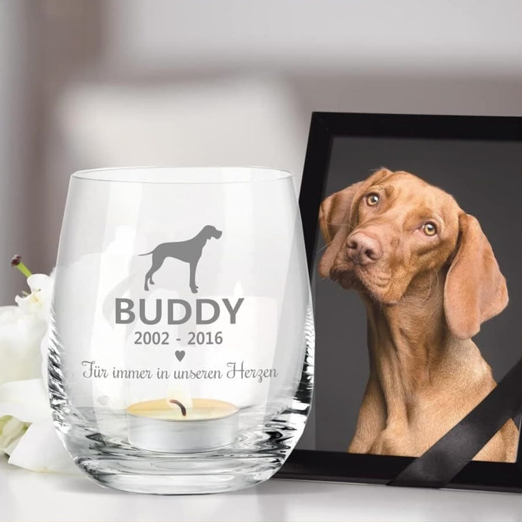 Personalisiertes Windlicht Für immer in unseren Herzen - Hund - Trauerlicht