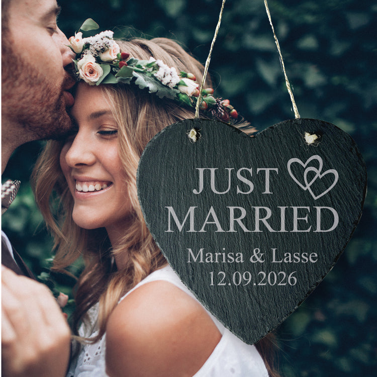 Schieferherz - Just Married mit Wunschnamen & Datum