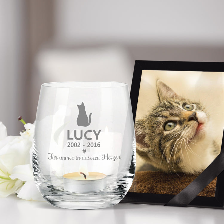 Personalisiertes Windlicht Für immer in unseren Herzen - Katze - Trauerlicht