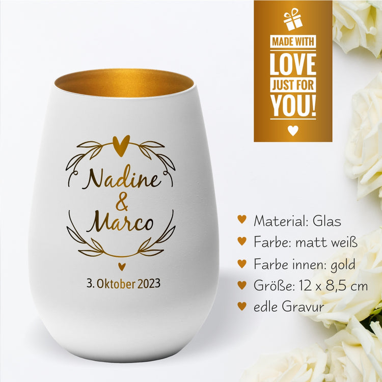 Windlicht Hochzeit Kranz personalisiert