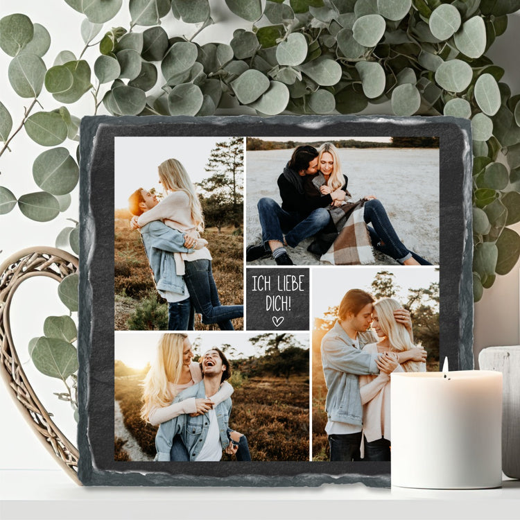 Schiefertafel mit 4 Fotos und Aufschrift Ich liebe Dich