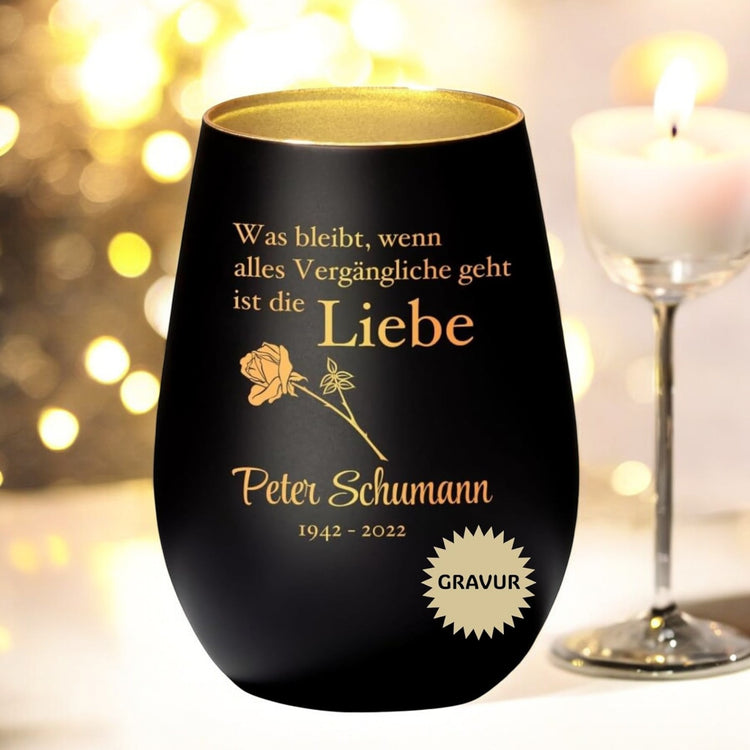 Trauer Windlicht - Rose Was bleibt ist die Liebe mit Personalisierung