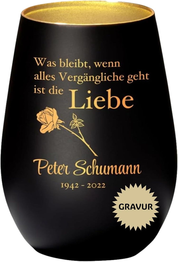 Trauer Windlicht - Rose Was bleibt ist die Liebe mit Personalisierung