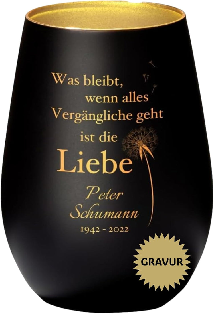 Trauer Windlicht - Pusteblume Was bleibt ist die Liebe mit Personalisierung