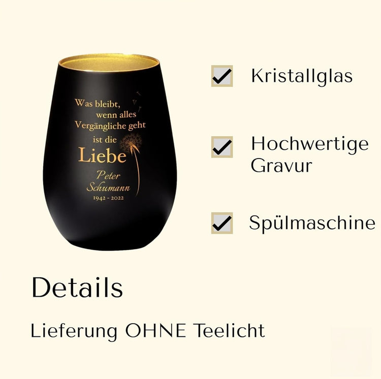 Trauer Windlicht - Pusteblume Was bleibt ist die Liebe mit Personalisierung
