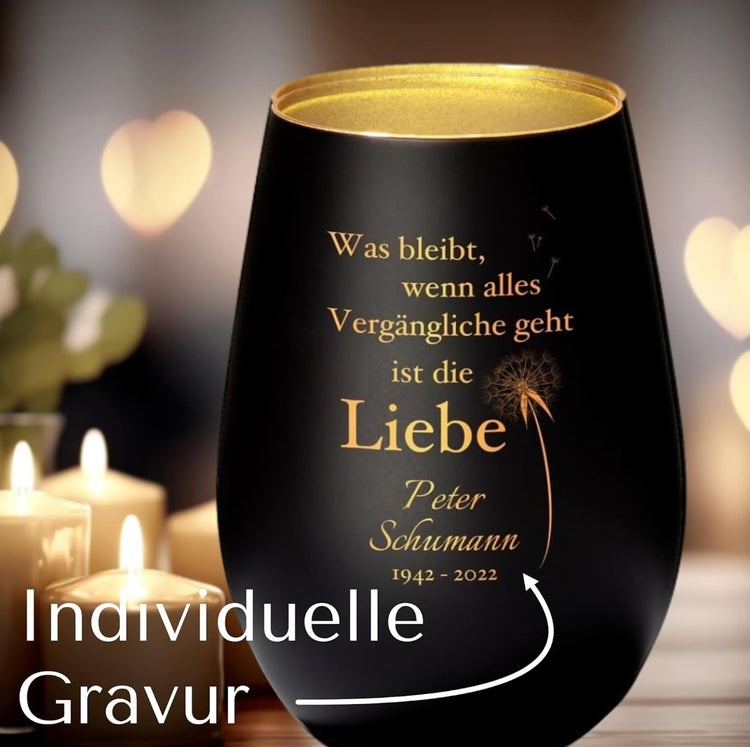 Trauer Windlicht - Pusteblume Was bleibt ist die Liebe mit Personalisierung