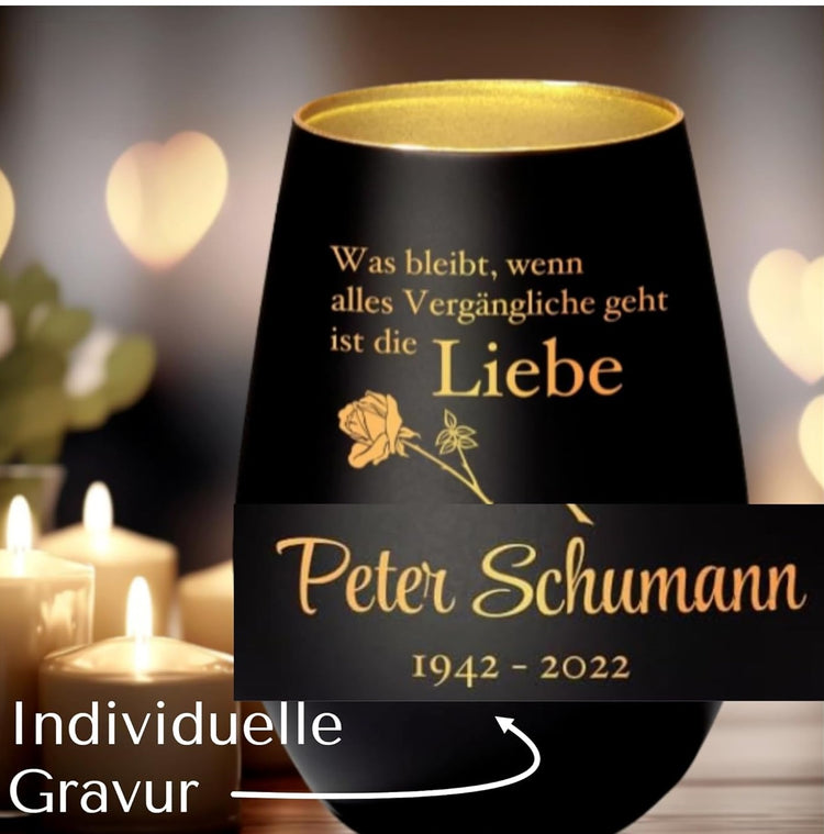 Trauer Windlicht - Rose Was bleibt ist die Liebe mit Personalisierung