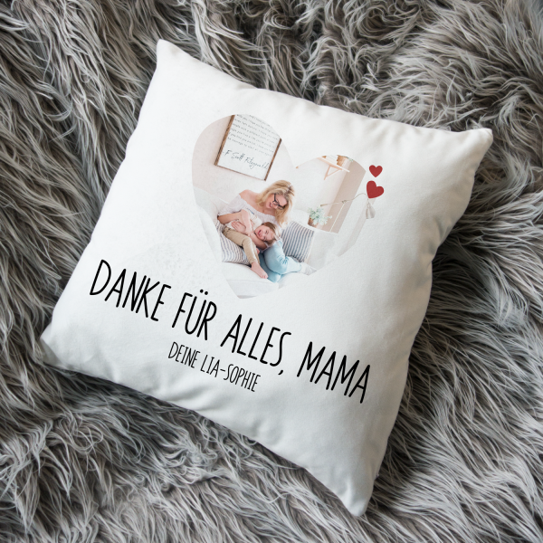Kuschelkissen mit Fotoherz und Wunschtext