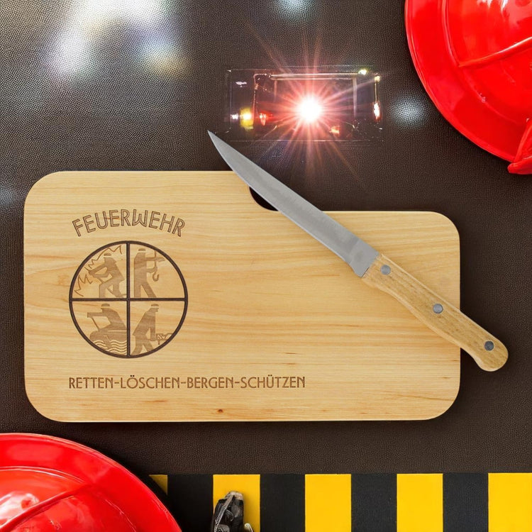 Brotzeitbrett Holz mit Gravur “Feuerwehr” & Messer