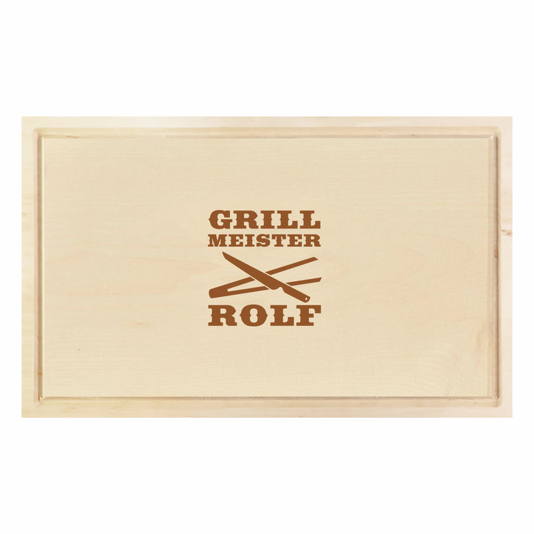 Schneidebrett Grillmeister mit Grillzangen - personalisiert