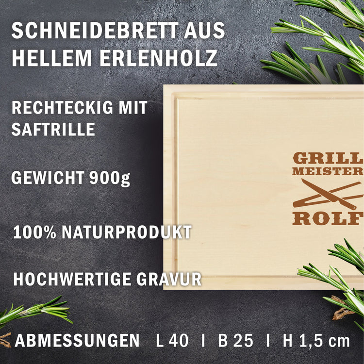 Schneidebrett Grillmeister mit Grillzangen - personalisiert