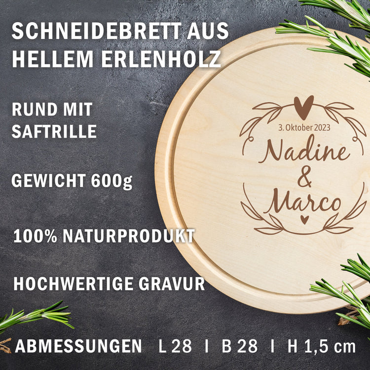 Schneidebrett rund zur Hochzeit - mit Wunschnamen