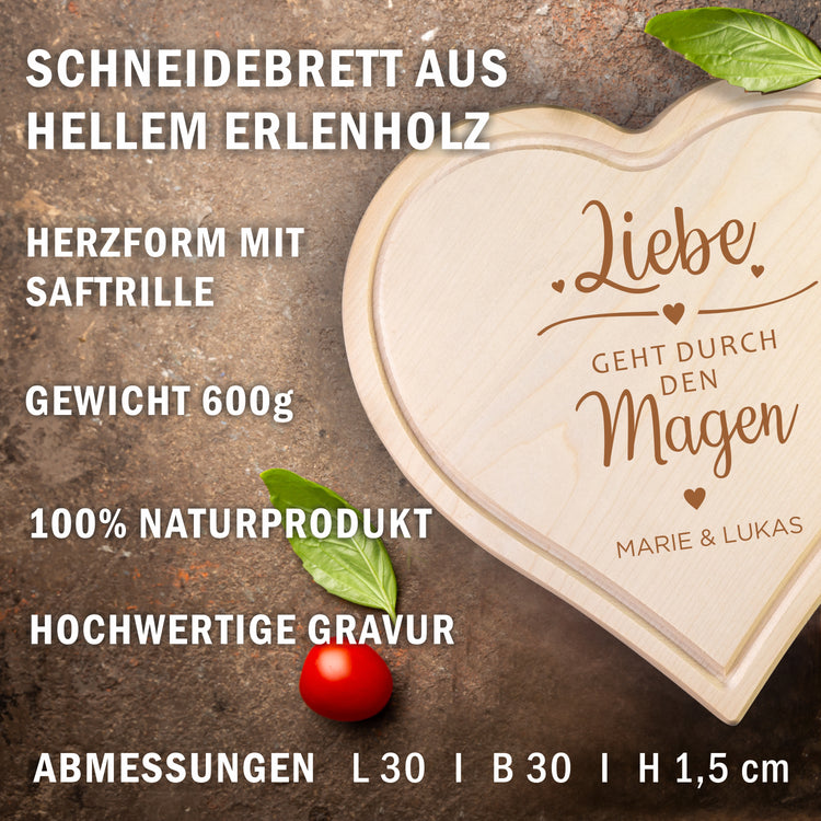Schneidebrett Liebe geht durch den Magen - personalisiert (herzförmig)