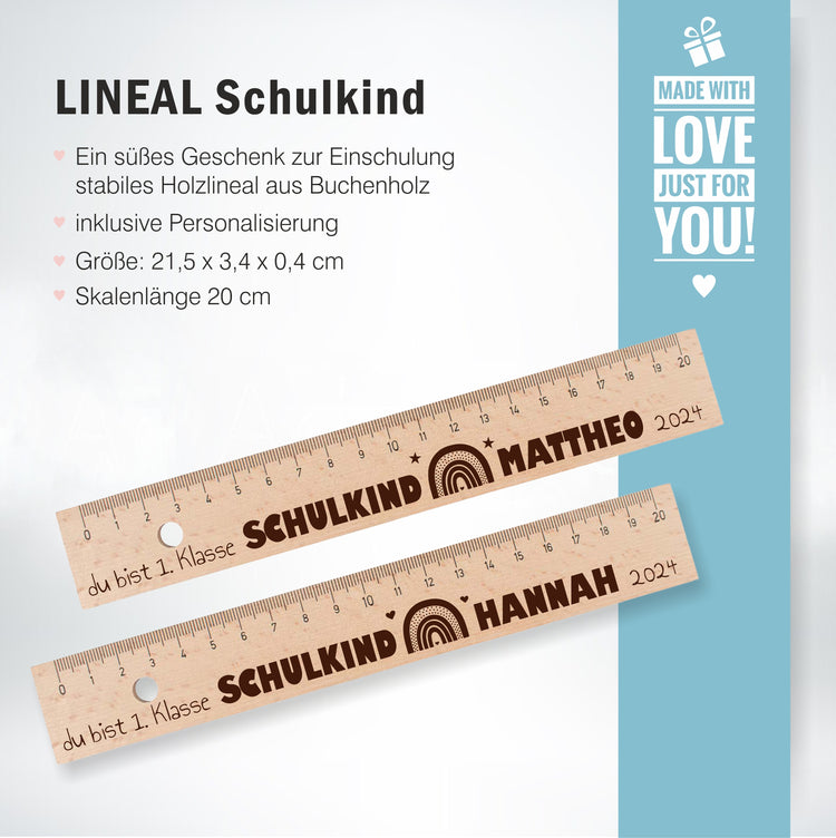 Holzlineal Schulkind Design Regenbogen - personalisiert