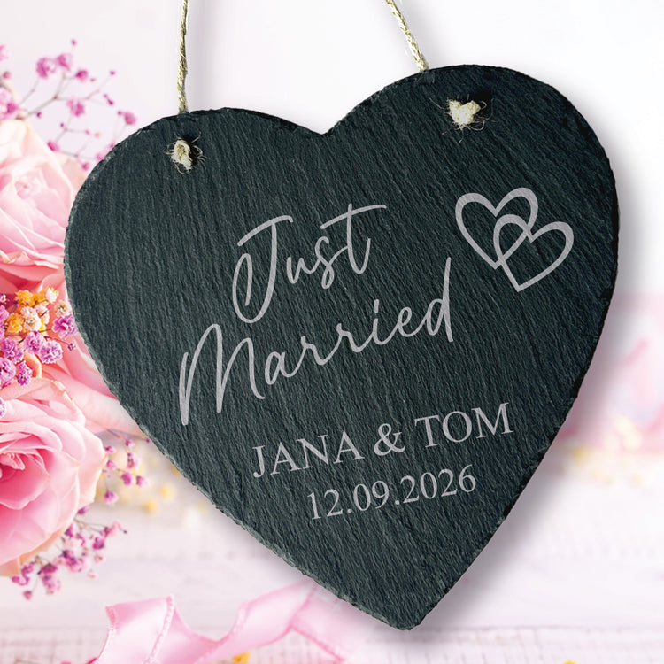 Schieferherz - Just Married mit Wunschnamen & Datum