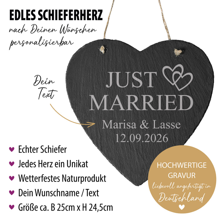 Schieferherz - Just Married mit Wunschnamen & Datum