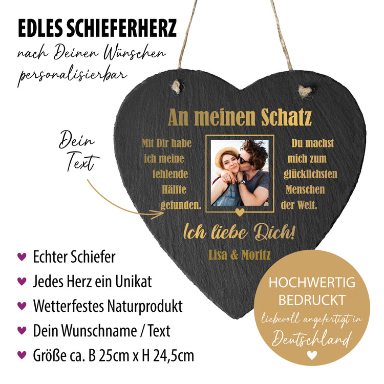 Schieferherz - Mein Schatz mit Foto & Wunschnamen