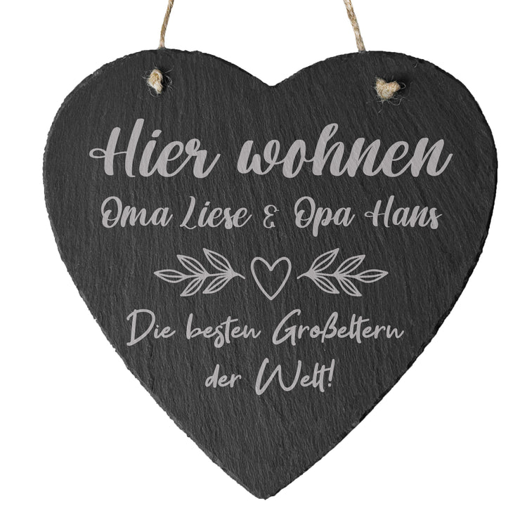 Personalisierbares Schieferherz -  Hier wohnen Oma & Opa