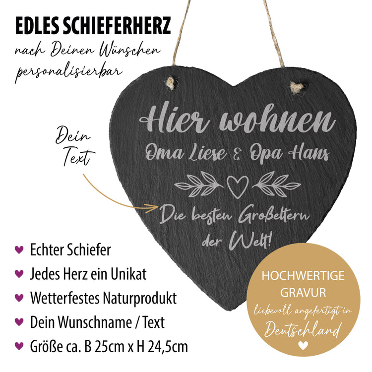 Personalisierbares Schieferherz -  Hier wohnen Oma & Opa