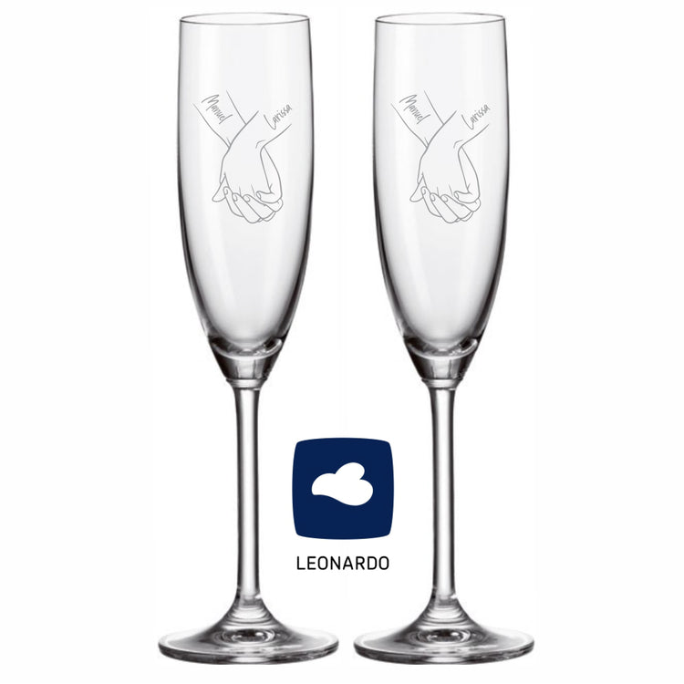 2er Set personalisierte Leonardo Sektgläser Haltende Hände