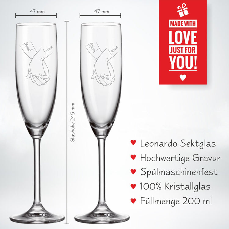 2er Set personalisierte Leonardo Sektgläser Haltende Hände