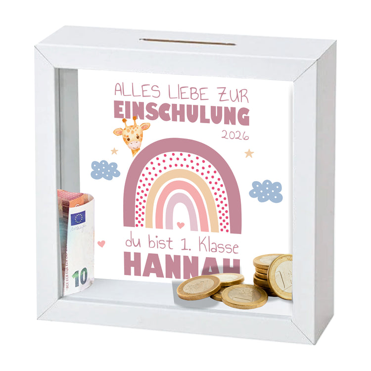 3D-Bilderrahmen-Spardose Schulkind Design Regenbogen - personalisiert