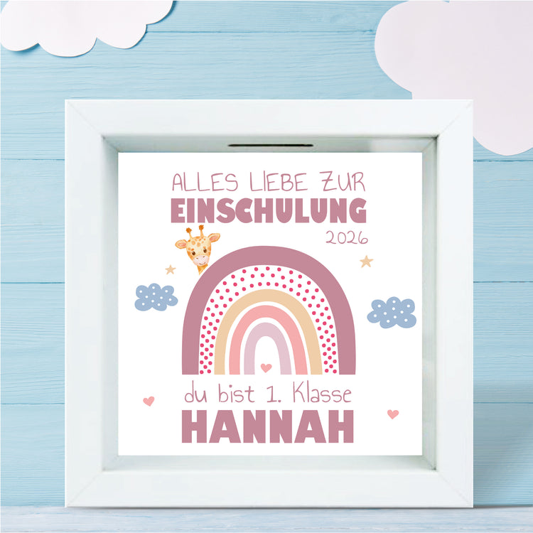 3D-Bilderrahmen-Spardose Schulkind Design Regenbogen - personalisiert