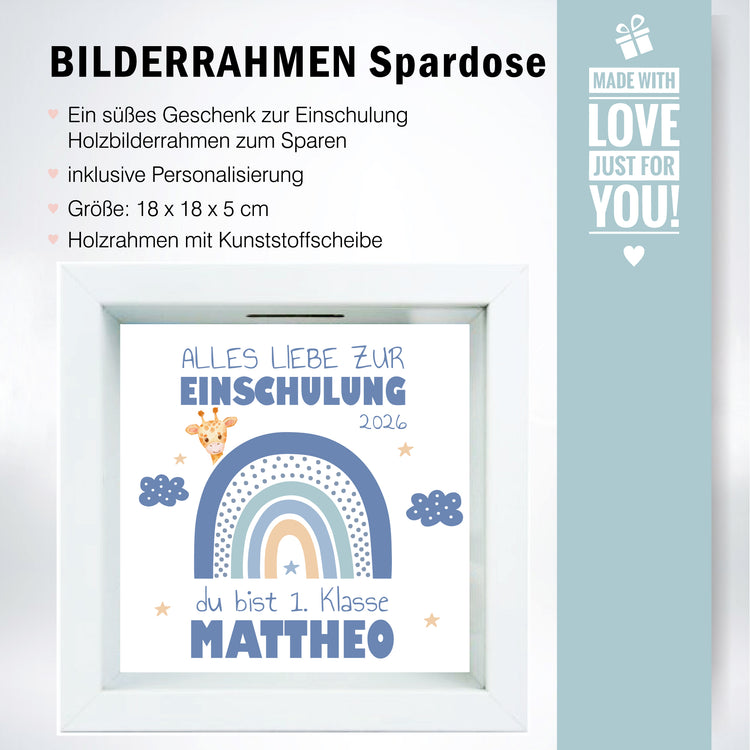 3D-Bilderrahmen-Spardose Schulkind Design Regenbogen - personalisiert