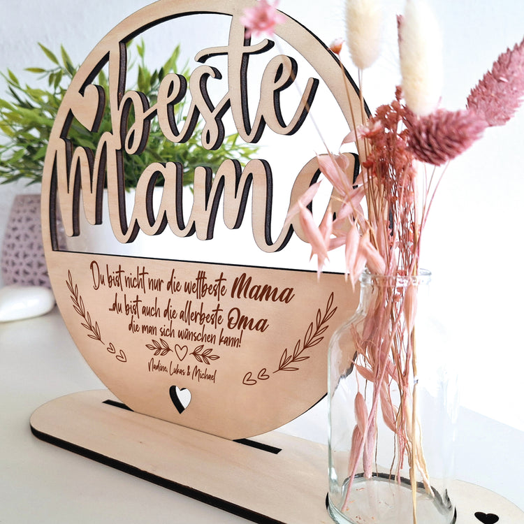 Holzaufsteller beste Mama & Oma mit Trockenblumen & Vase - personalisierbar