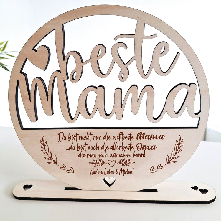 Holzaufsteller beste Mama & Oma mit Trockenblumen & Vase - personalisierbar