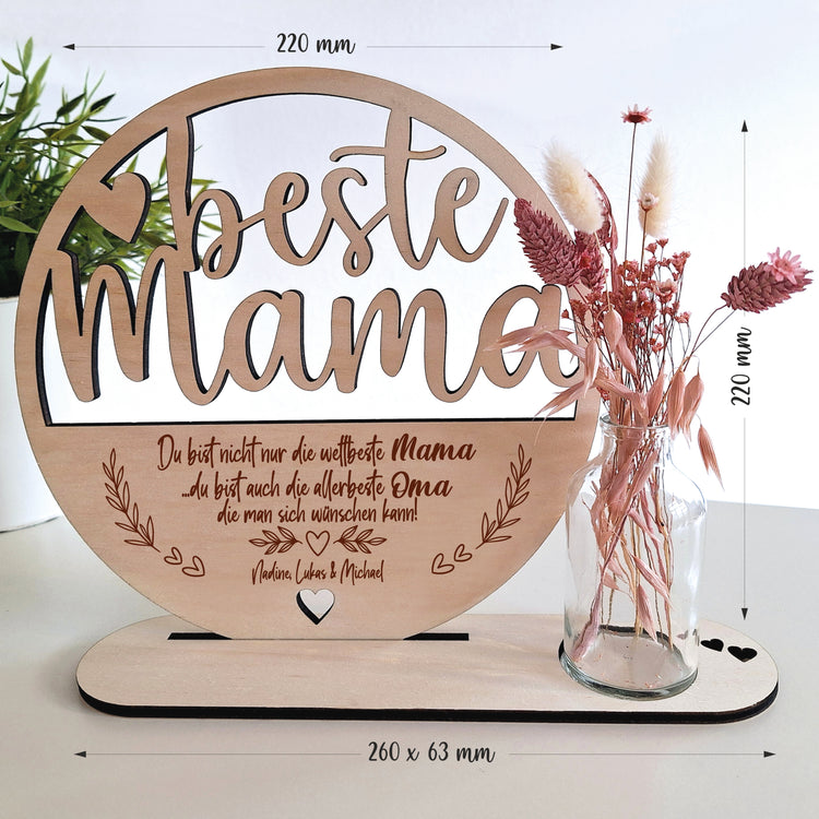 Holzaufsteller beste Mama & Oma mit Trockenblumen & Vase - personalisierbar