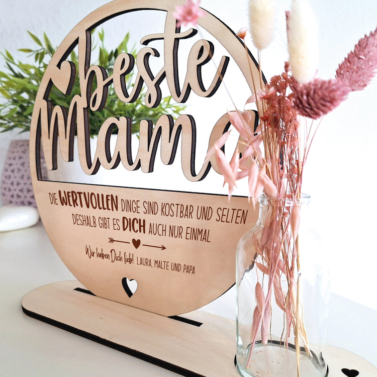 Holzaufsteller beste Mama - wertvoll mit Trockenblumen & Vase