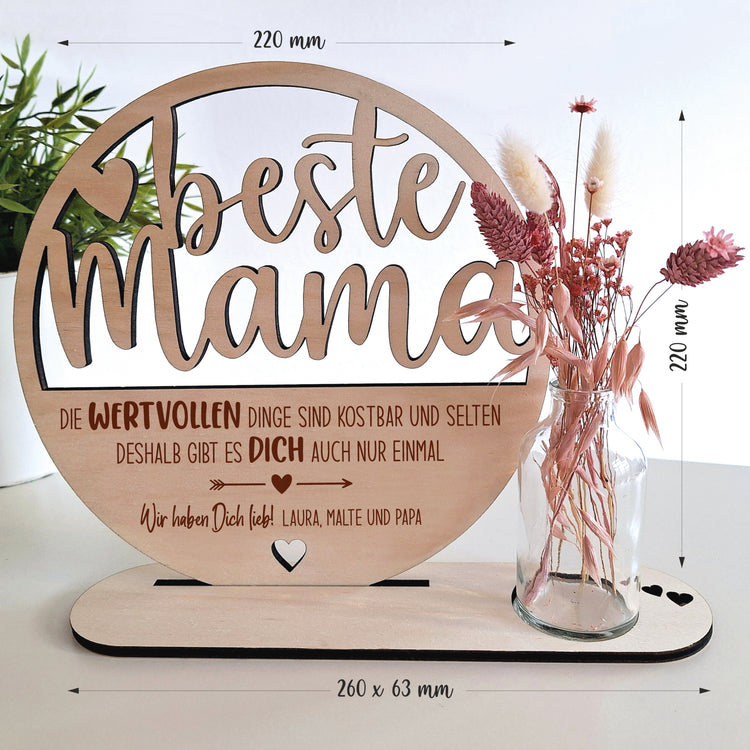 Holzaufsteller beste Mama - wertvoll mit Trockenblumen & Vase