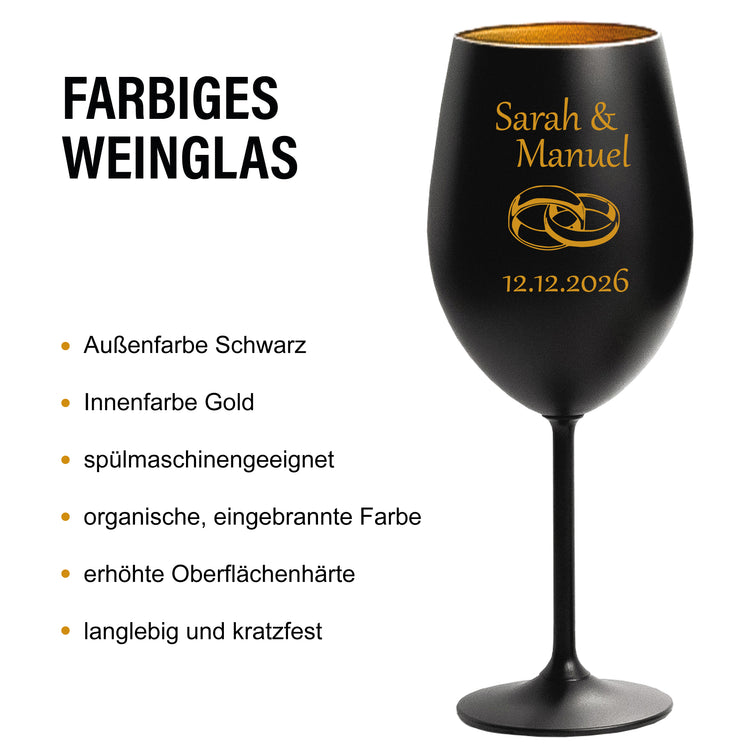 Farbiges Weinglas zur Hochzeit - Ringe mit Personalisierung