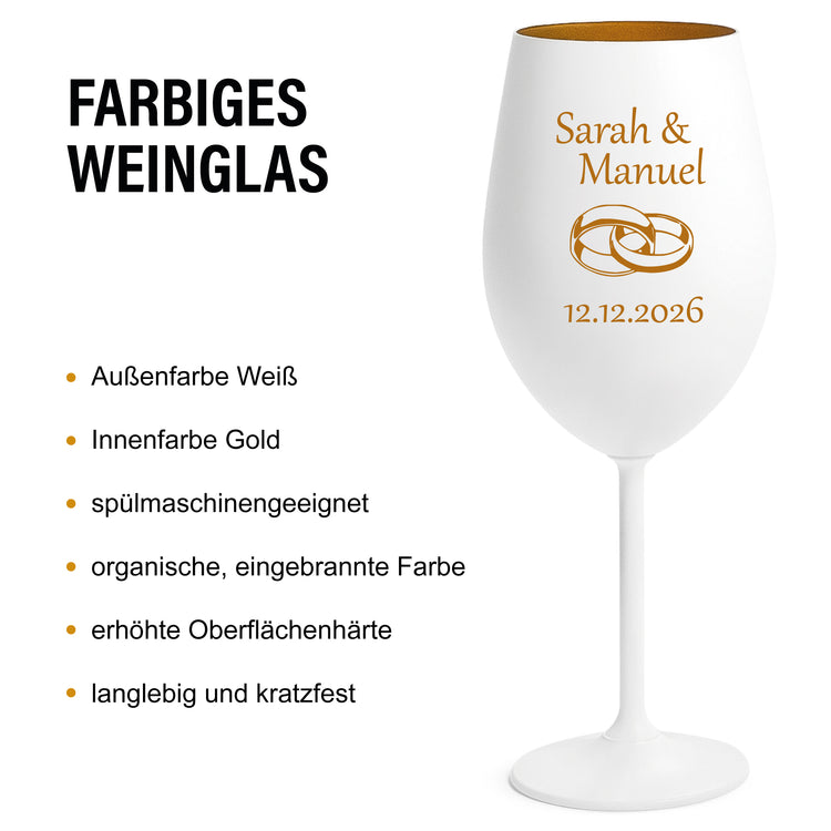 Farbiges Weinglas Set zur Hochzeit - Ringe mit Personalisierung