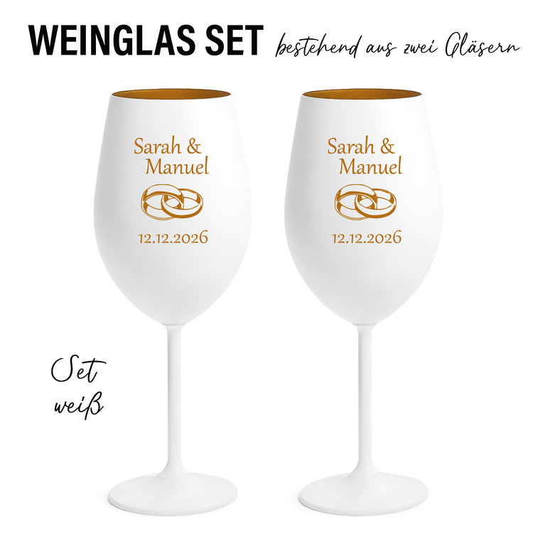 Farbiges Weinglas Set zur Hochzeit - Ringe mit Personalisierung