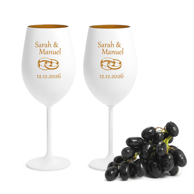 Farbiges Weinglas Set zur Hochzeit - Ringe mit Personalisierung