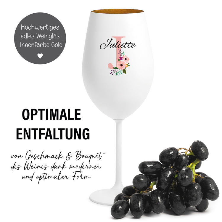 Farbiges Weinglas - Monogramm blumig - mit Wunschname