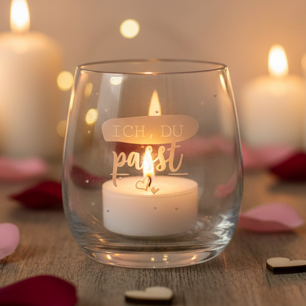 Windlicht Gravur Ich, Du. Passt