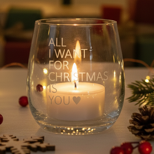 Windlicht Gravur 'All I Want for Christmas is You' (Motiv: ein Herz)