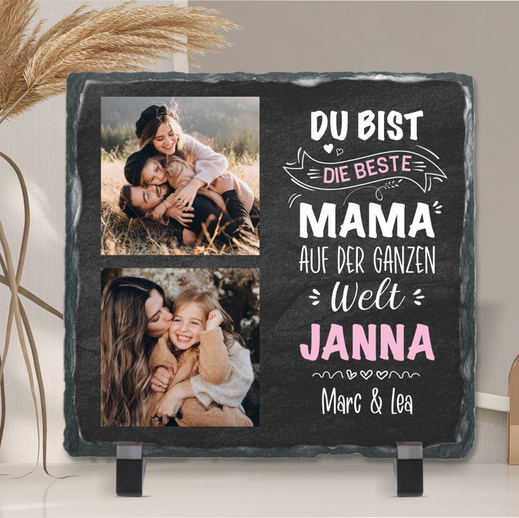 Schiefertafel mit 2 Fotos & Text Du bist die beste Mama auf der ganzen Welt – personalisierbar