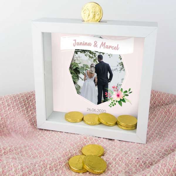 3D-Bilderrahmen-Spardose Hochzeit mit Foto