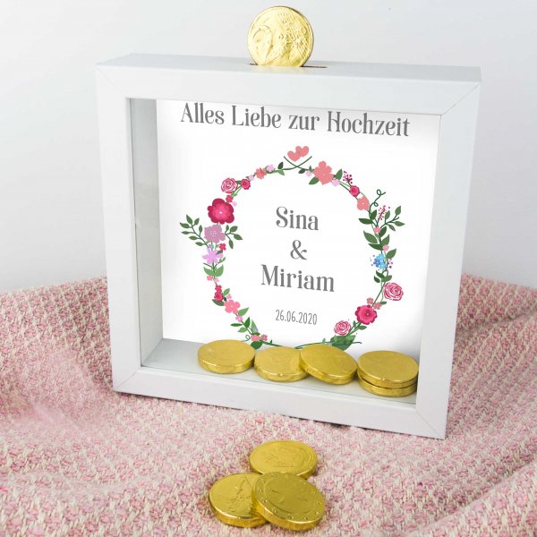 3D-Bilderrahmen Spardose Hochzeit mit Namen und Datum