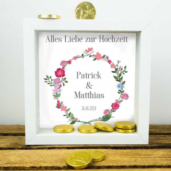 3D-Bilderrahmen Spardose Hochzeit mit Namen und Datum