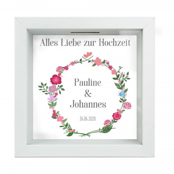 3D-Bilderrahmen Spardose Hochzeit mit Namen und Datum