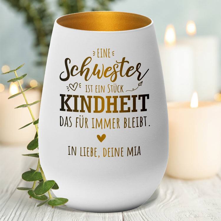 Windlicht Eine Schwester ist ein Stück Kindheit das für immer bleibt personalisiert