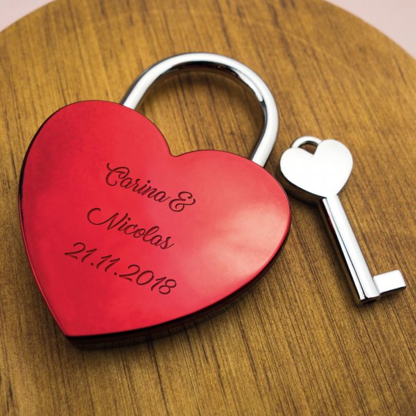 Herzförmiges Liebesschloss mit Wunschgravur rot
