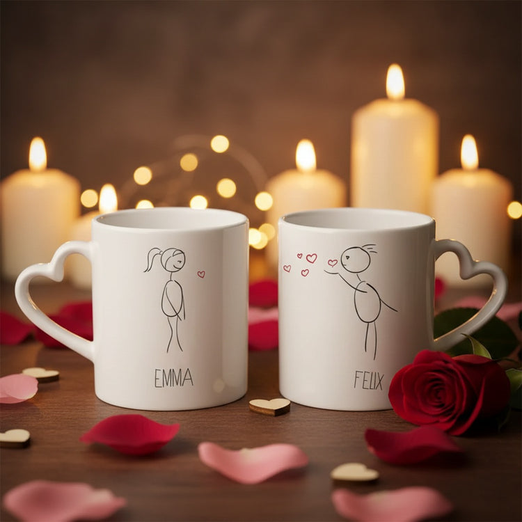 Herz-Tassen Pärchen-Strichzeichnung - personalisiert