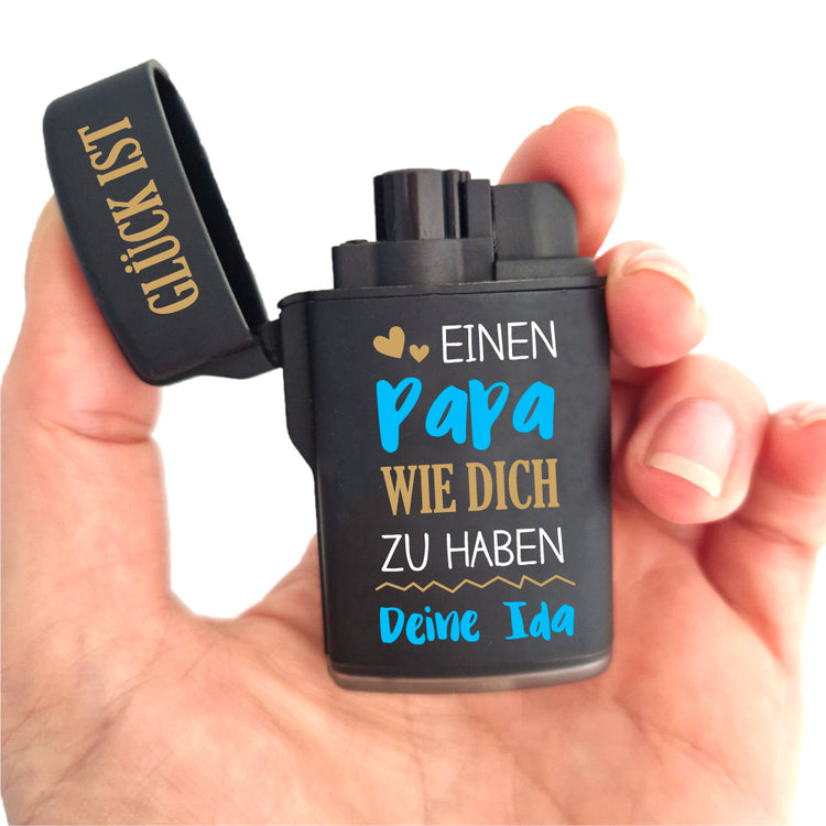 Sturmfeuerzeug Jetflame Glück ist Papa personalisiert mit Deinem Namen