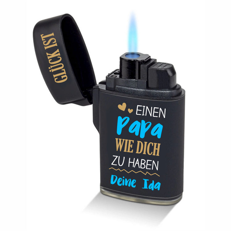 Sturmfeuerzeug Jetflame Glück ist Papa personalisiert mit Deinem Namen